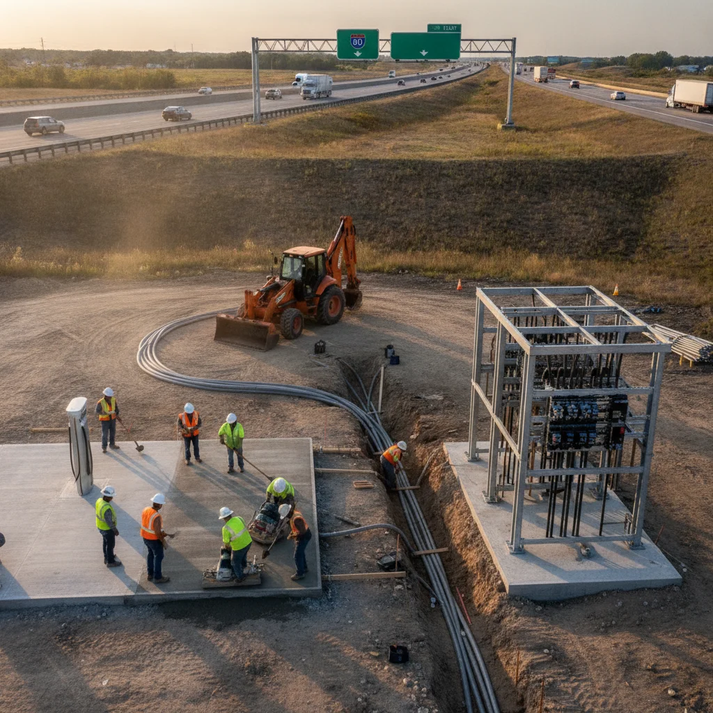 Construction workers installing electrical infrastructure for a new highway EV charging station