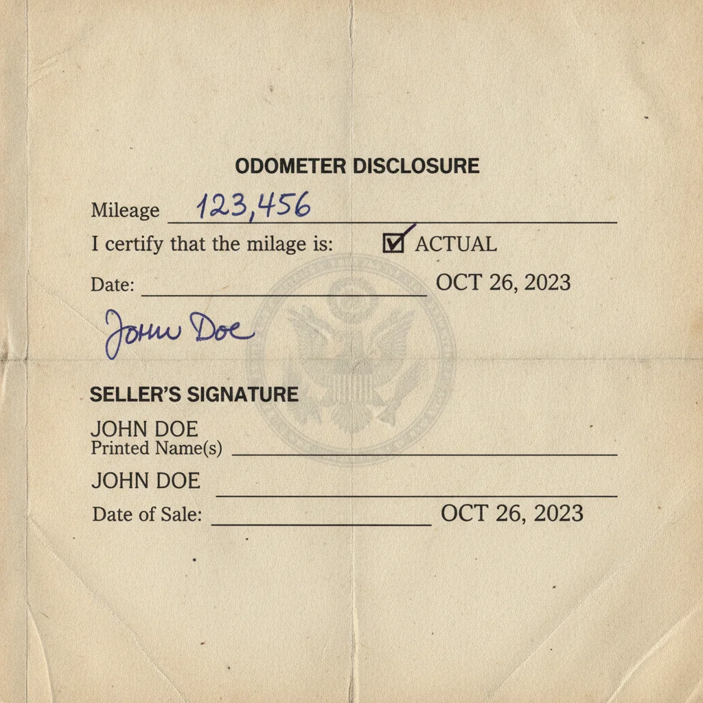 Close-up of the back of a vehicle title certificate showing odometer disclosure and signature fields