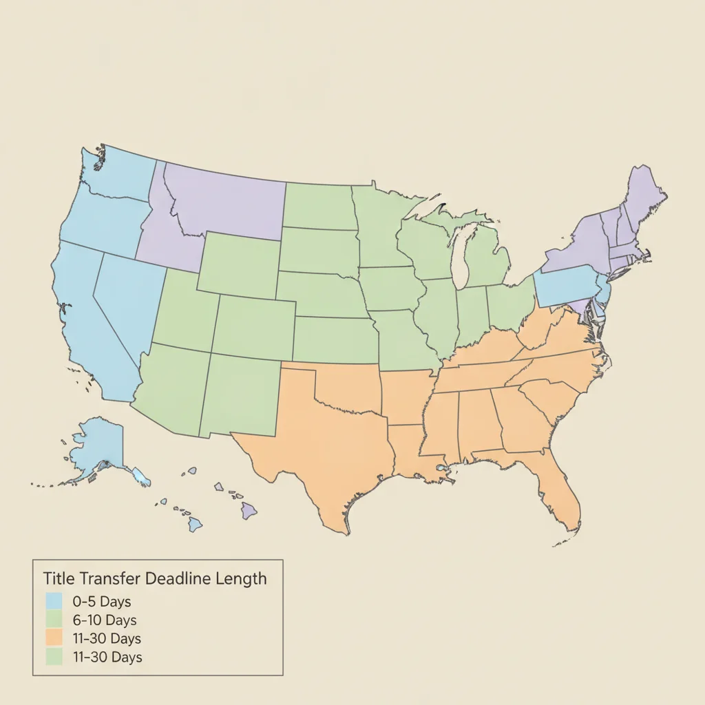 Color-coded US map showing states grouped by vehicle title transfer deadline length