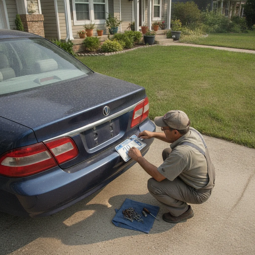 A person removing a license plate from a parked car before completing a private vehicle sale