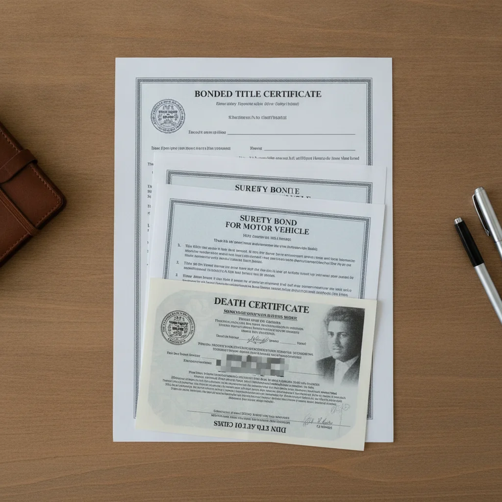 Stack of special vehicle title documents including a bonded title certificate and surety bond form