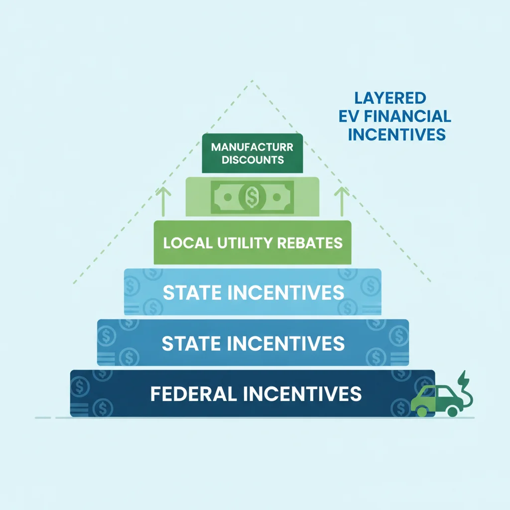 Illustrated diagram showing multiple stacked layers of EV financial incentives from federal and state programs