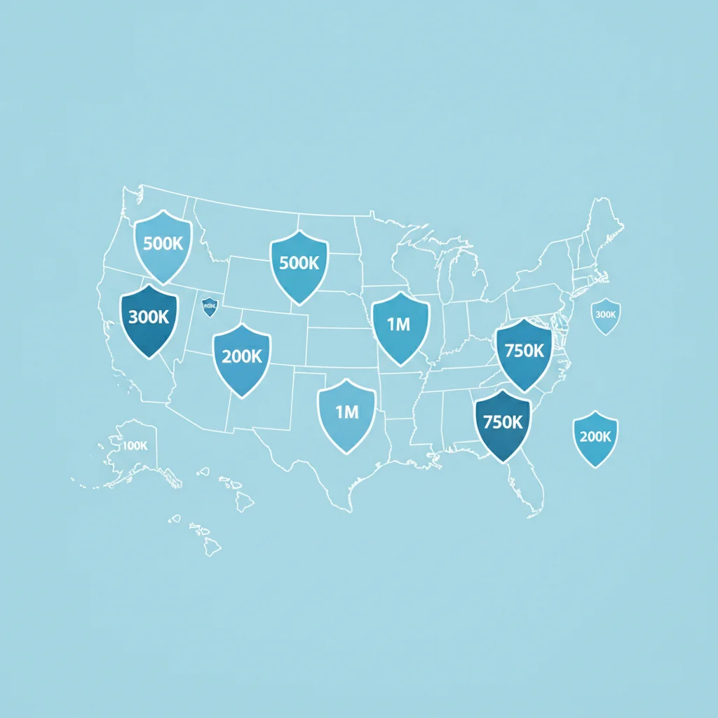 Stylized US map showing varying liability coverage shield icons across different states