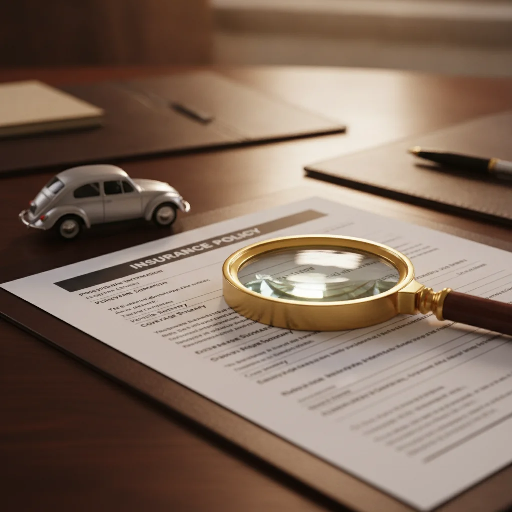 Car insurance policy document on a desk with a model car and magnifying glass