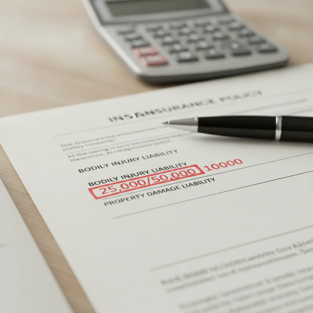 Car insurance policy document with low state minimum liability limits highlighted on the page.