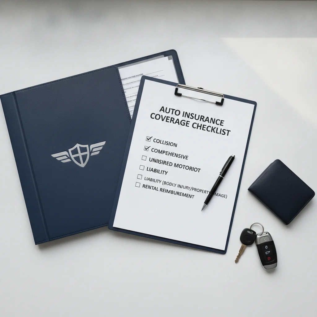 Insurance policy folder with a checklist of recommended coverage types including collision and uninsured motorist.