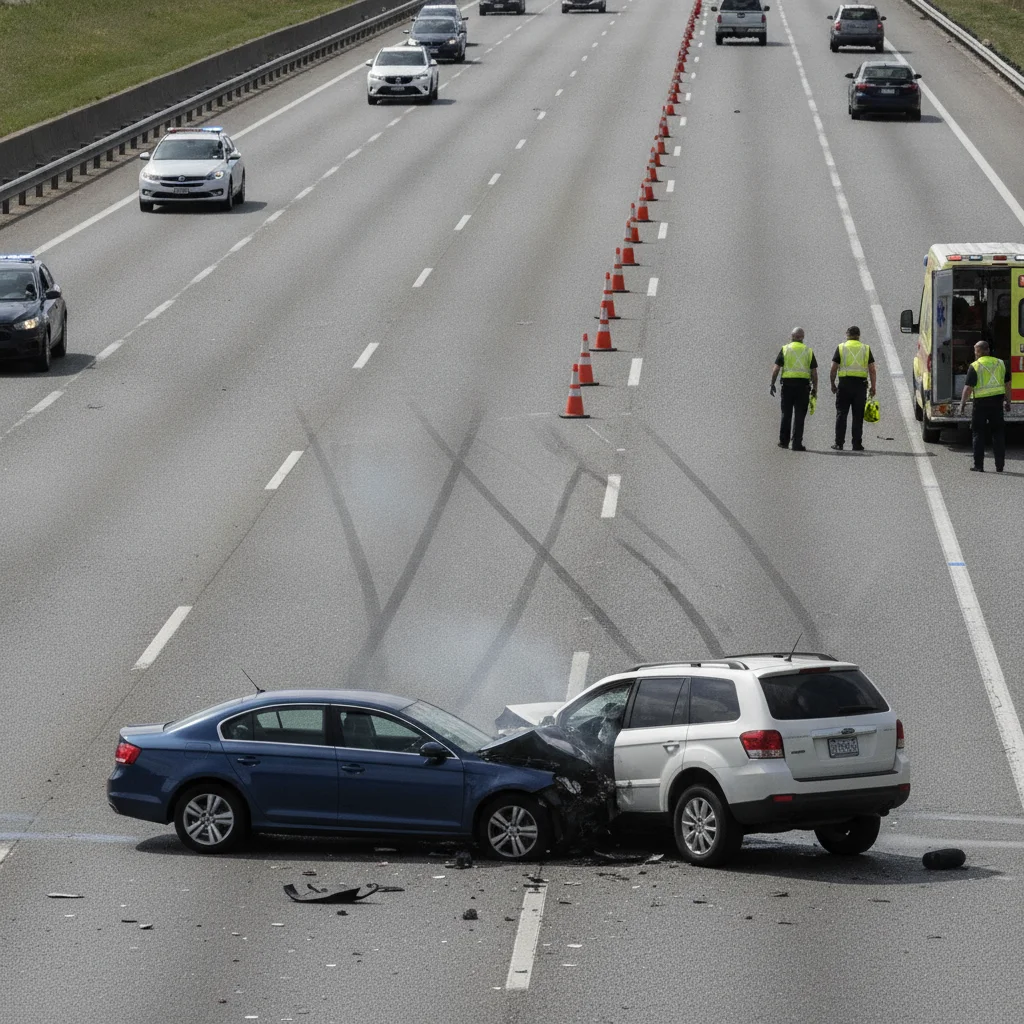 Multi-vehicle highway accident scene showing two crumpled cars with emergency cones on a busy road.