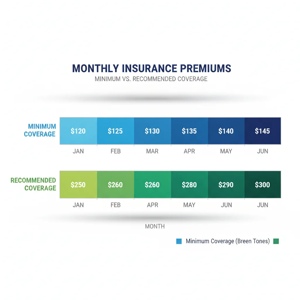 Bar chart comparing monthly premium costs between state minimum and recommended car insurance coverage levels.