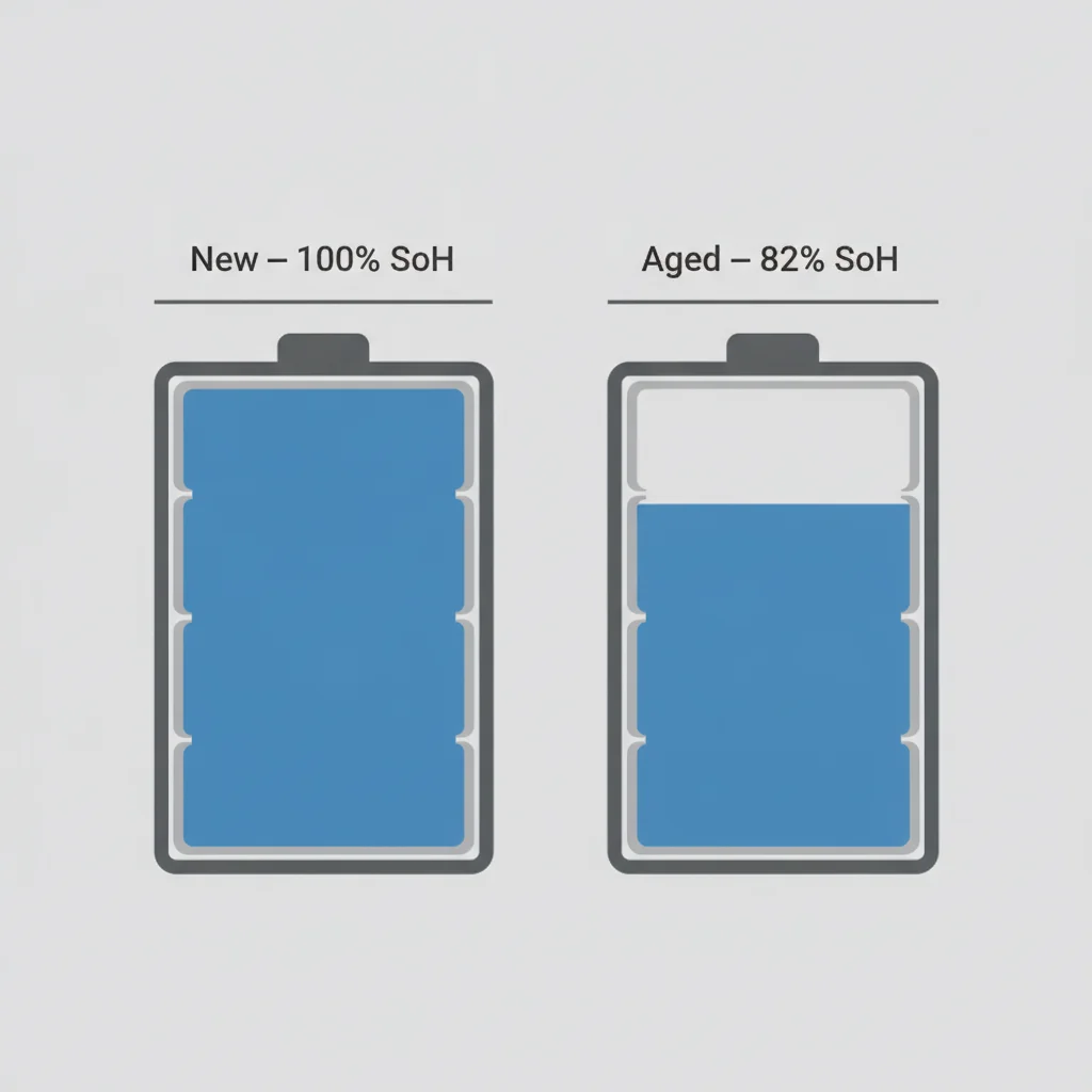 Diagram comparing a new battery at 100% state of health versus an aged battery at 82% state of health