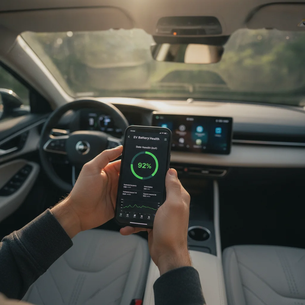 Person using a smartphone app to check EV battery state of health diagnostic data
