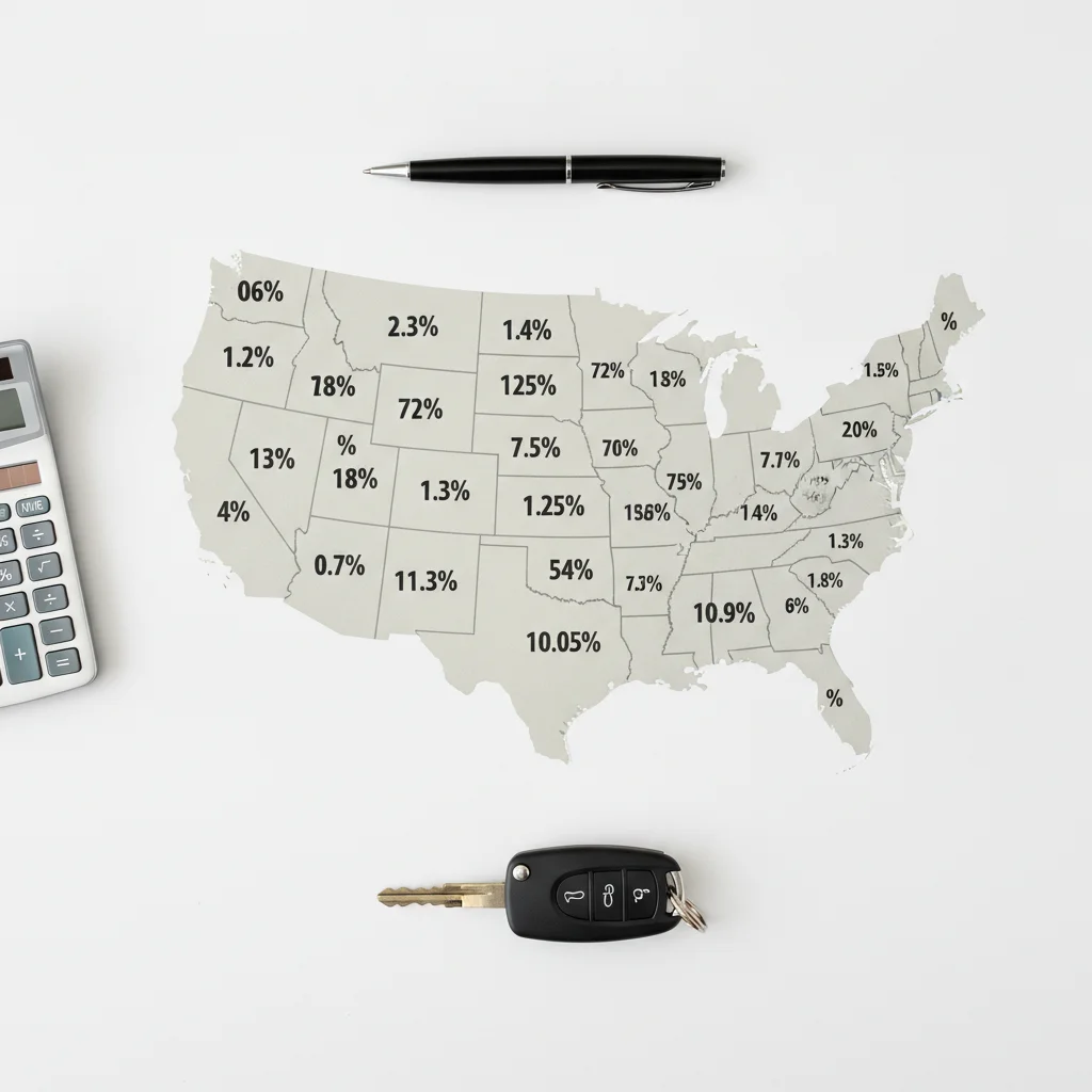 US map showing varying state vehicle tax rates with a calculator and car keys on a desk