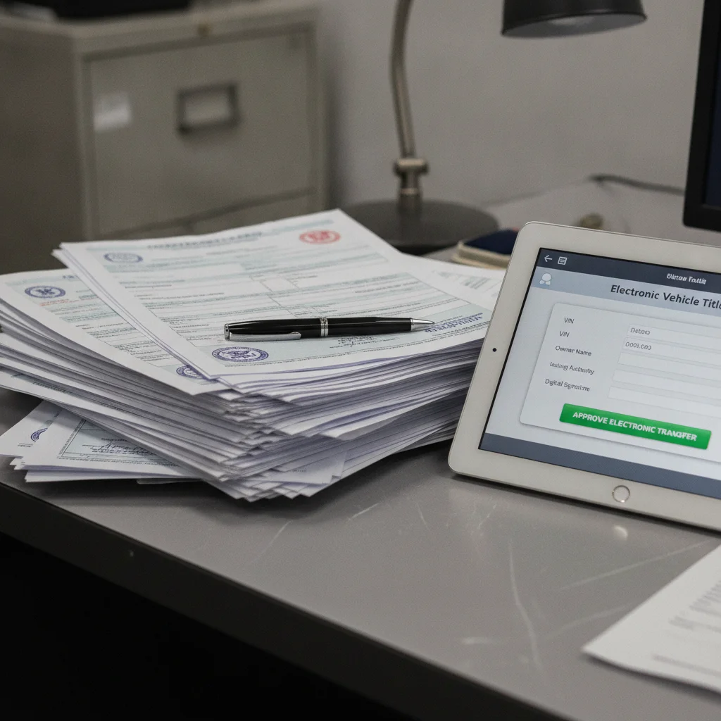 Paper vehicle title documents stacked next to a tablet showing an electronic title system interface
