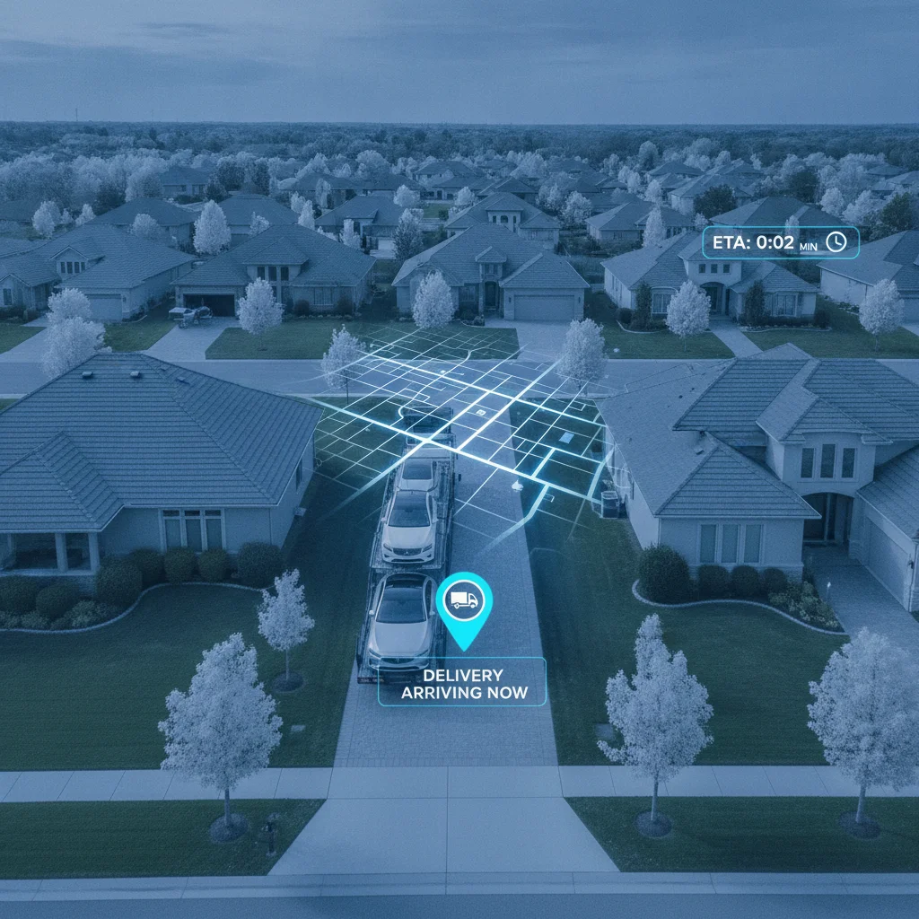 Car delivery flatbed truck arriving at a suburban home with a digital map overlay showing delivery pin