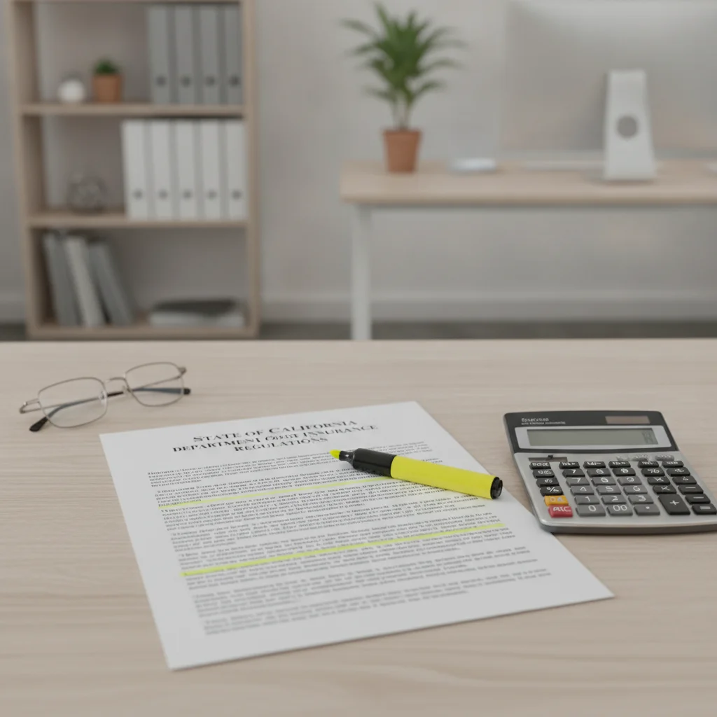 Insurance regulation documents on a desk with a highlighter and calculator representing state policy review