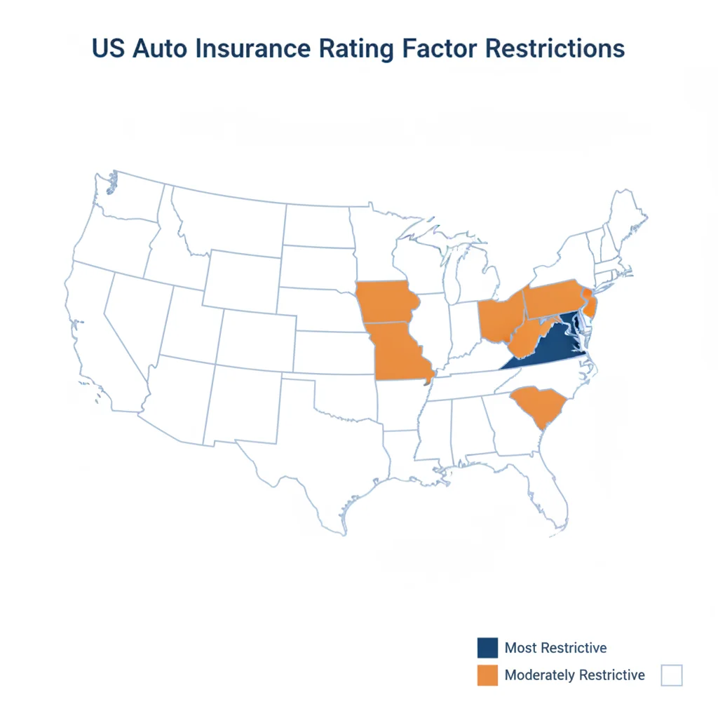 US map with states shaded in varying colors indicating different auto insurance rating factor restriction levels
