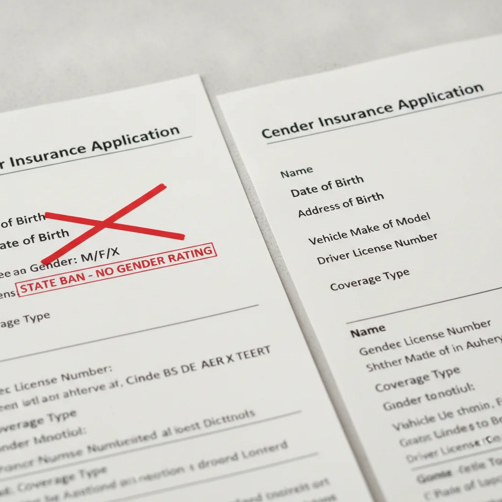 Two insurance forms side by side with a gender field crossed out, representing a state ban on gender rating