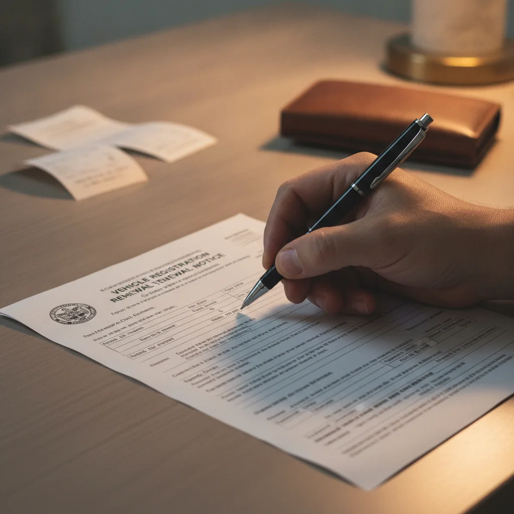 A hand holding a vehicle registration renewal notice with a pen on a desk