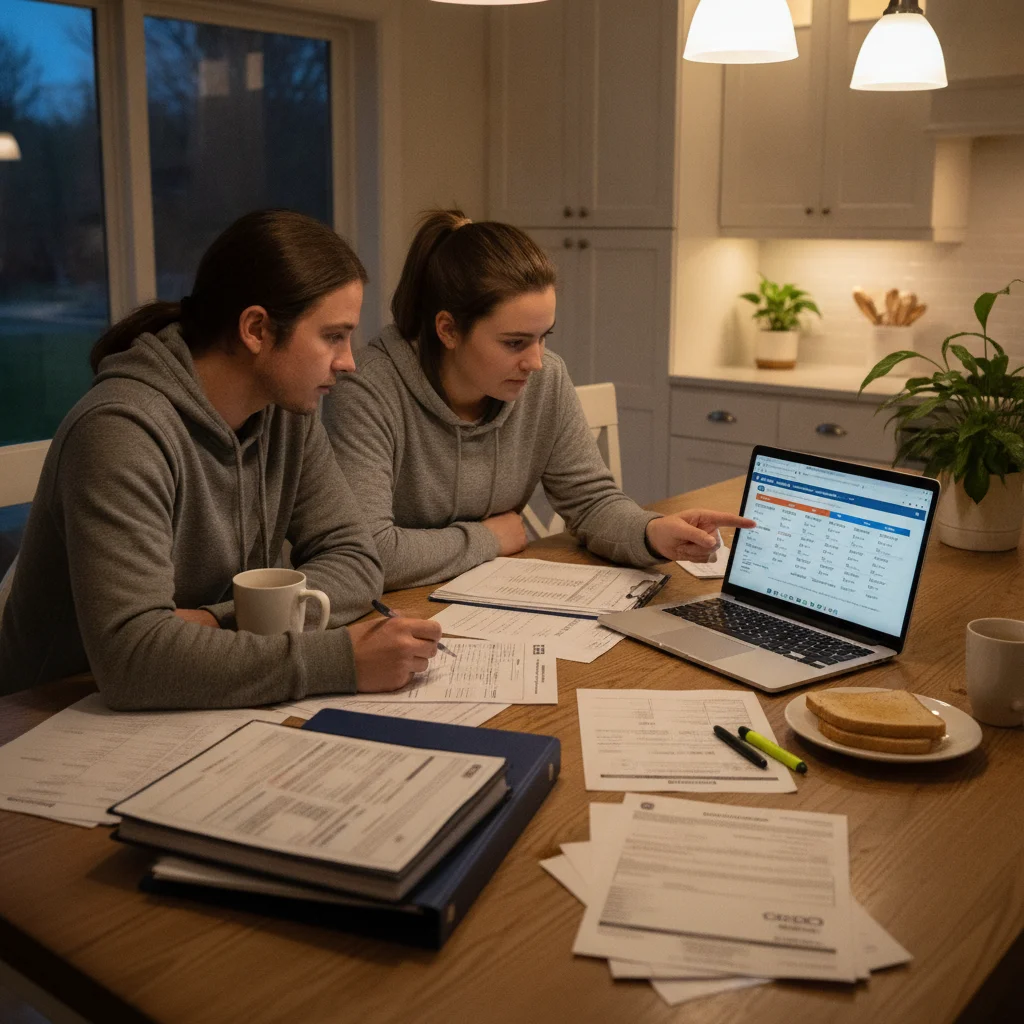 Car insurance documents and a laptop displaying insurance quotes on a family kitchen table