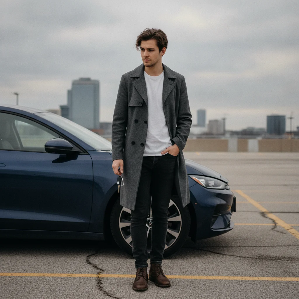 Young adult holding car keys standing beside a vehicle in a parking lot with a thoughtful expression