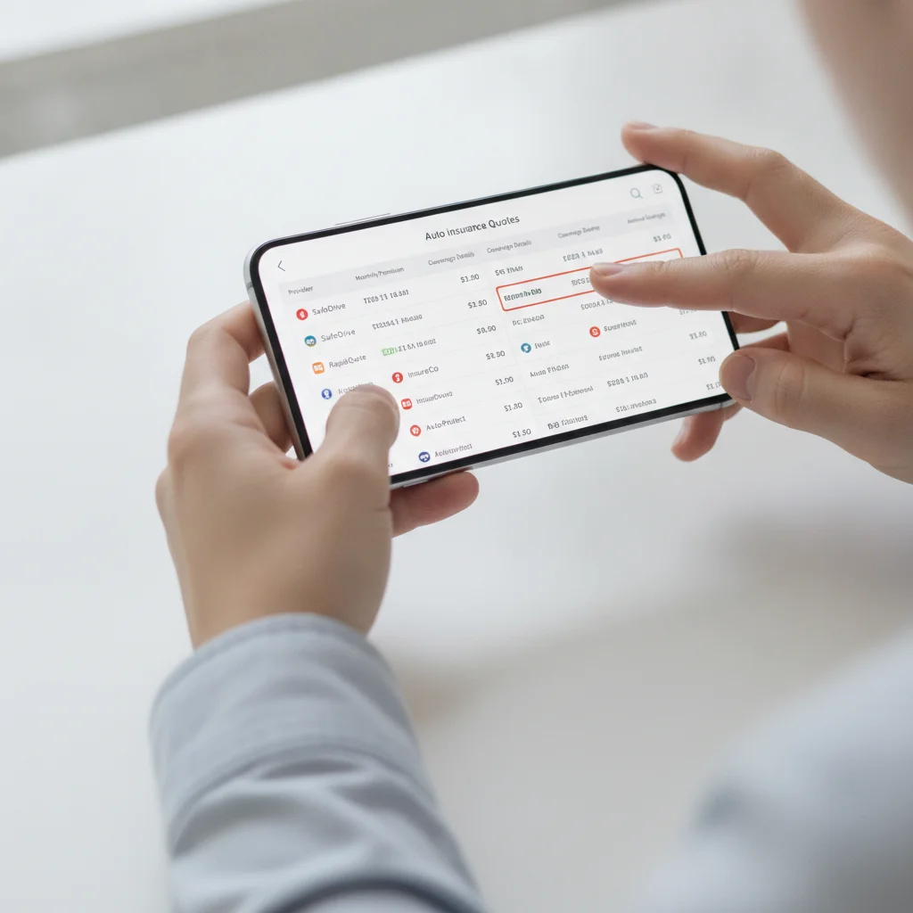 Hands holding a smartphone displaying side-by-side auto insurance quote comparisons on screen