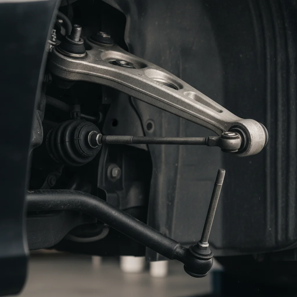 Front suspension and steering components including control arm, tie rod end, and sway bar link visible through wheel well