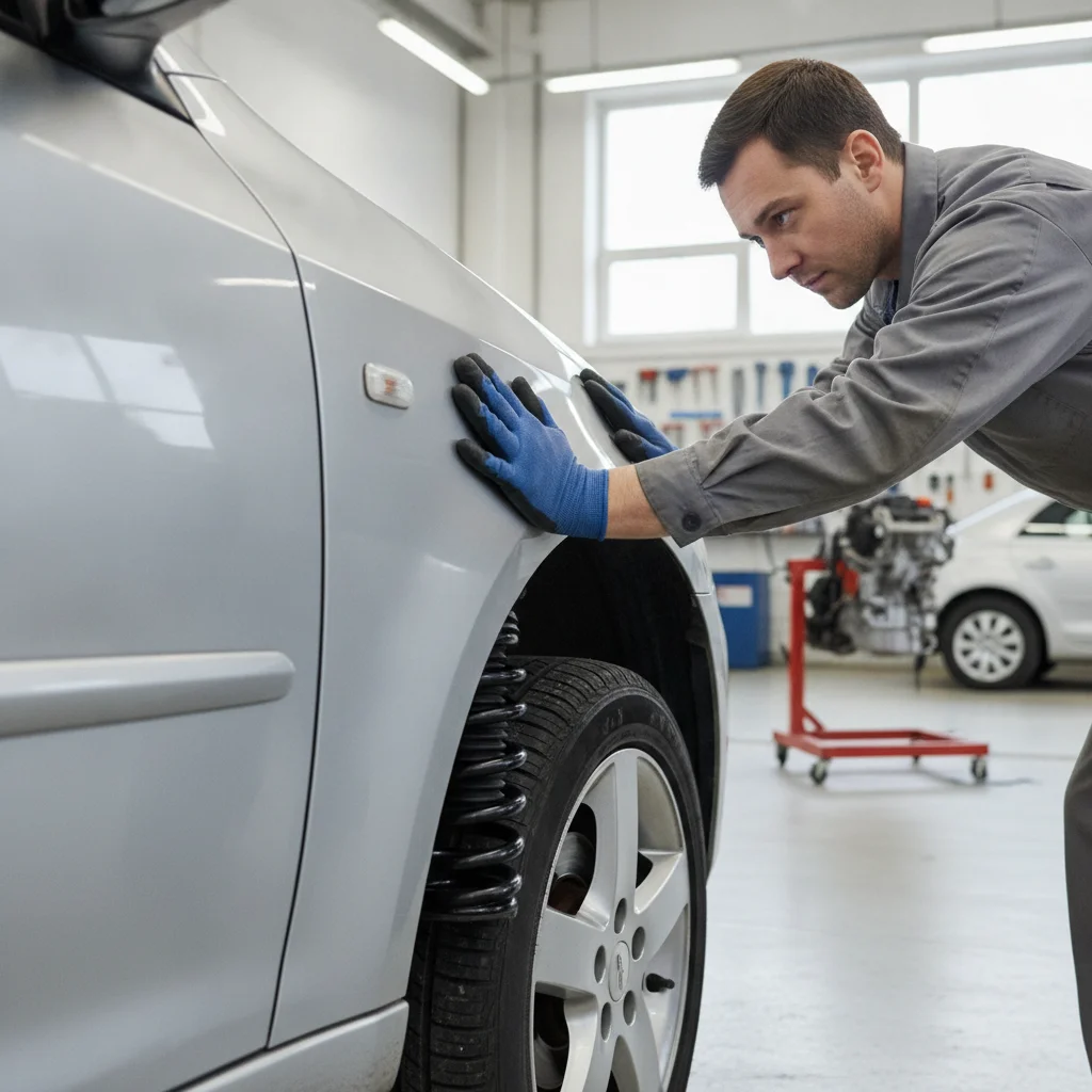 Mechanic pressing down on a car's front corner to perform a shock absorber bounce test