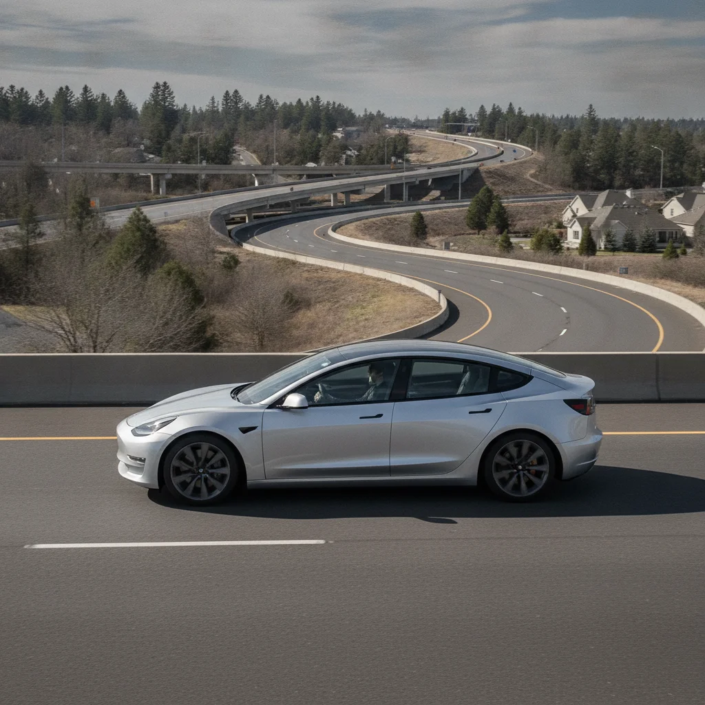 Car navigating a curved highway on-ramp with visible body lean illustrating suspension body roll behavior