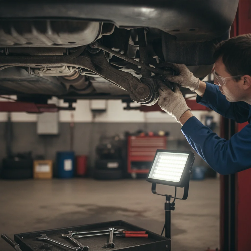 Mechanic inspecting front suspension and steering linkage components under a raised vehicle in a shop