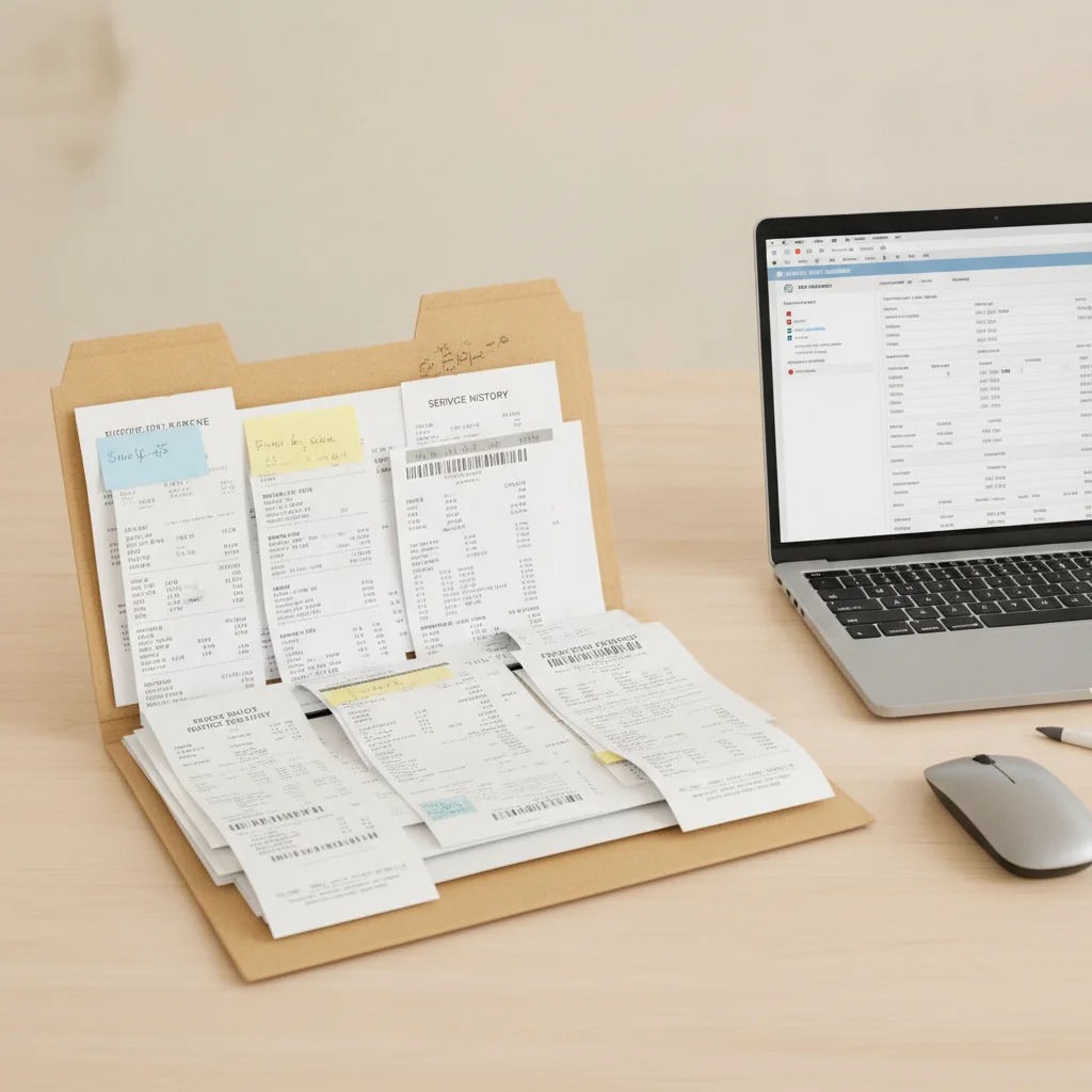 Organized car service records and maintenance receipts laid out next to a vehicle history report on a laptop