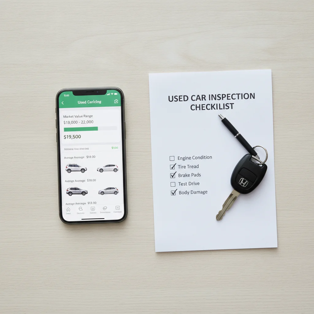 Smartphone showing a car market value comparison tool placed next to a checklist and car keys
