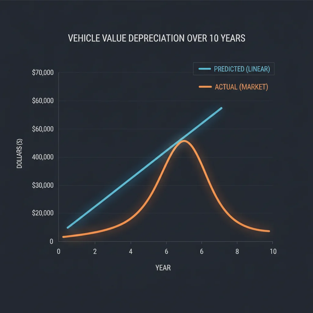 Graph comparing straight-line and accelerated depreciation curves for a vehicle over ten years showing the divergence in value estimates