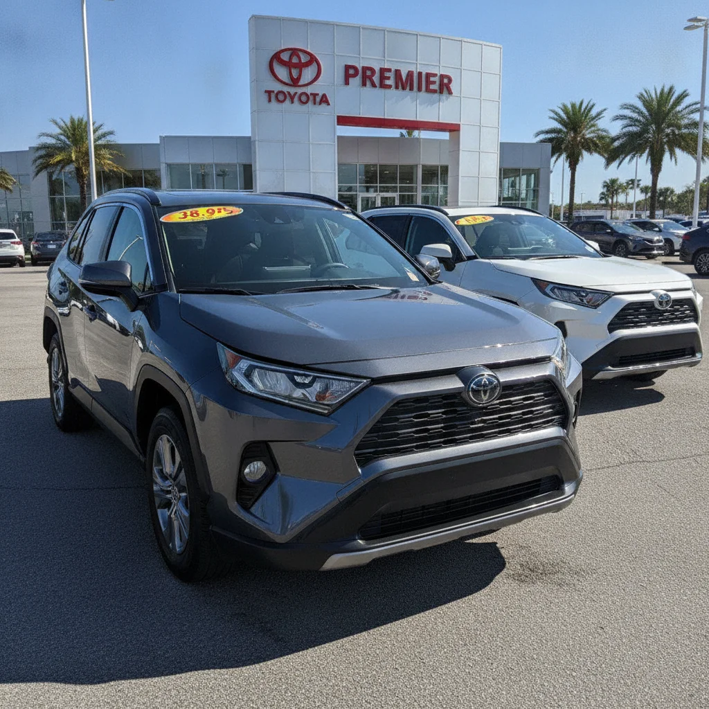 A used SUV on a dealership lot with a newer model year of the same vehicle visible in the background illustrating depreciation pressure