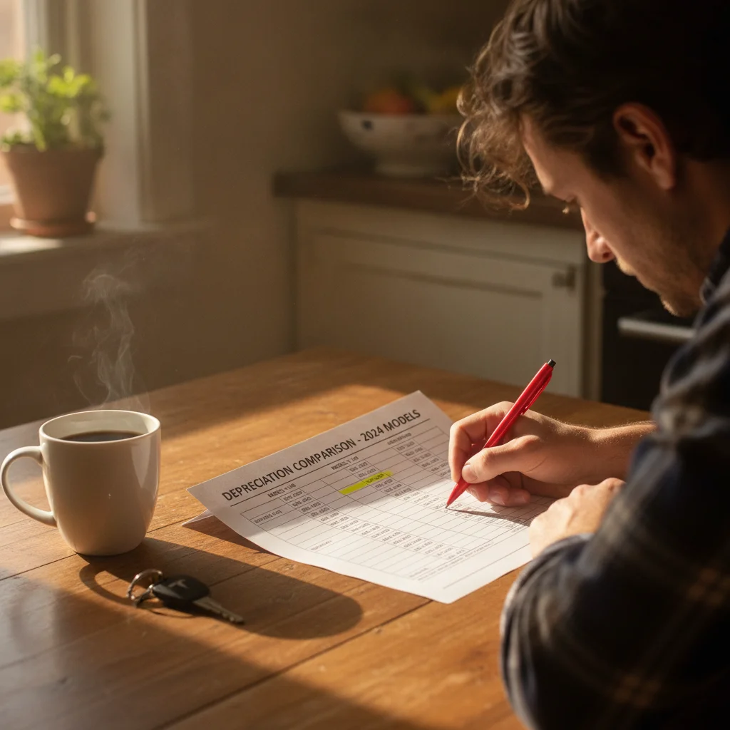 A person studying a vehicle depreciation comparison chart at a table with a car key nearby representing real-world buying and selling decisions