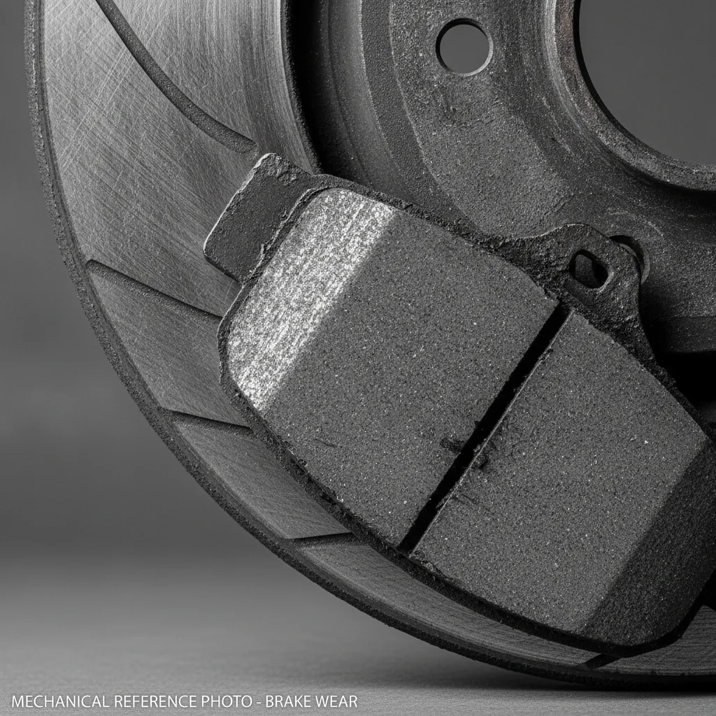 Scored brake rotor next to a worn brake pad showing metal-on-metal contact damage
