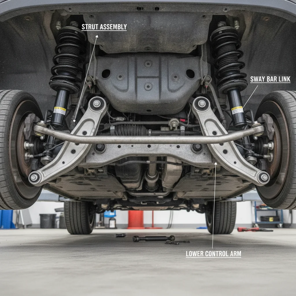 Vehicle undercarriage showing strut, control arm, and sway bar link suspension components