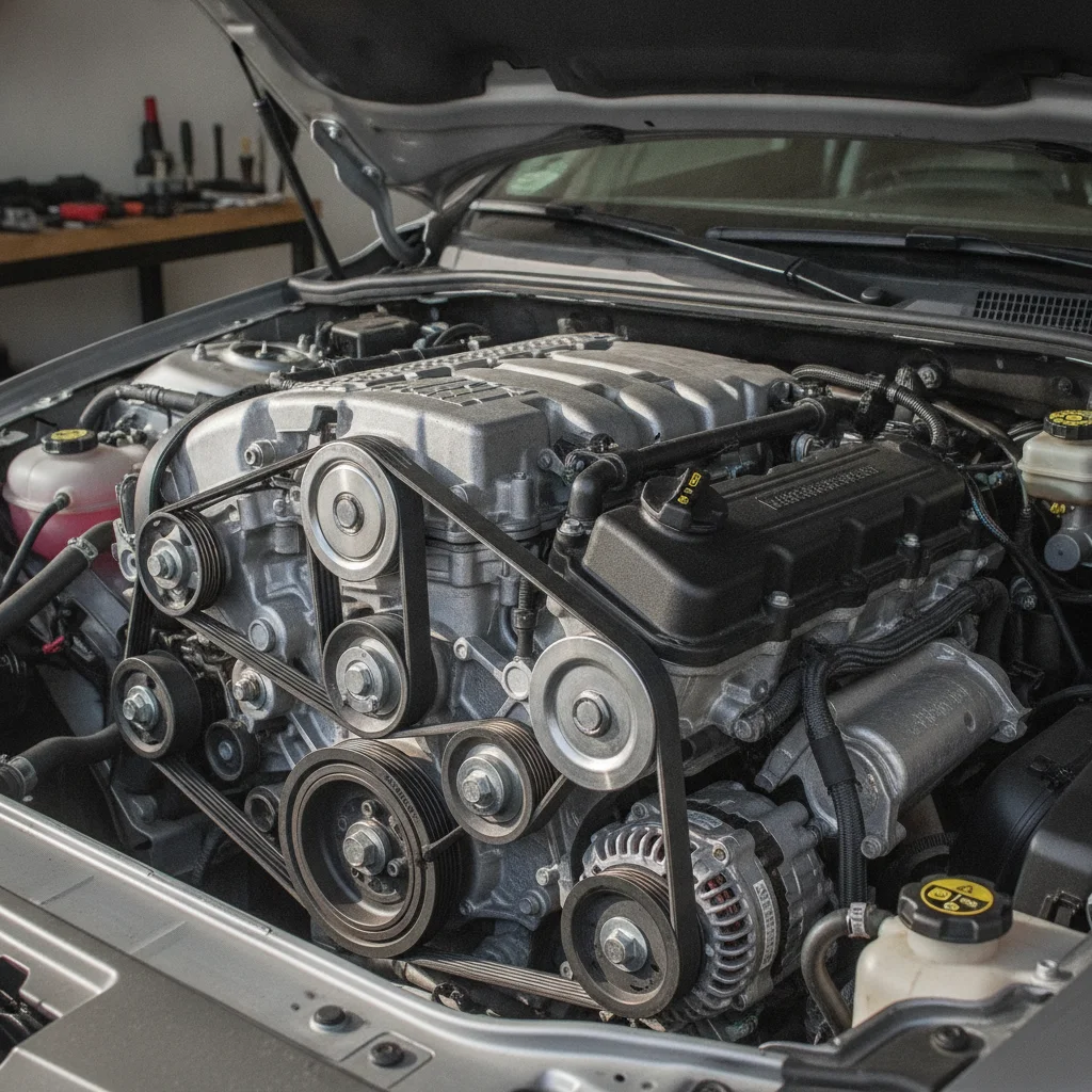 Engine bay showing serpentine belt routing around multiple accessory pulleys and tensioner
