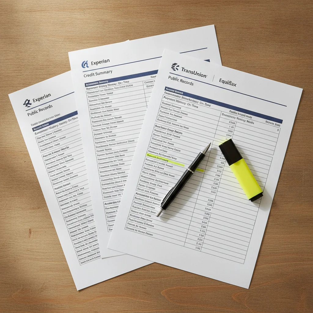 Three credit bureau reports spread on a table with a highlighter and pen for reviewing errors