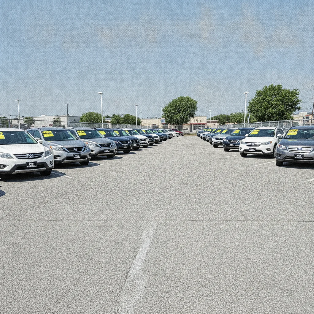 Used cars lined up on a dealership lot with visible price stickers in daylight