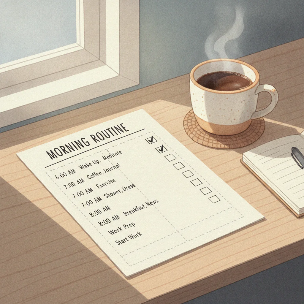 A handwritten timeline planner with checkboxes marked off step by step on a wooden desk