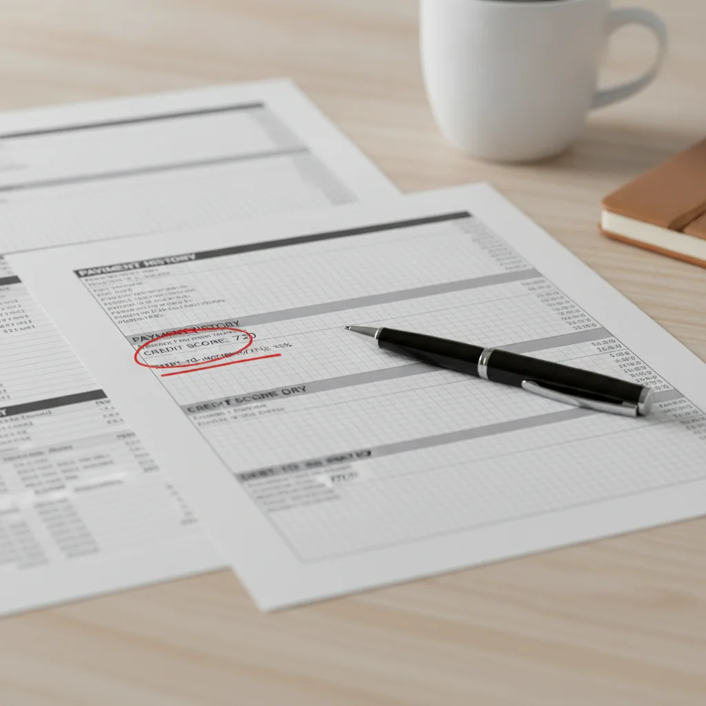 Close-up of a credit report printout with pen annotations highlighting account details and scores