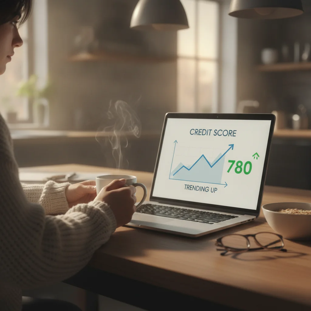 Person at a kitchen table reviewing an upward-trending credit score graph on a laptop screen