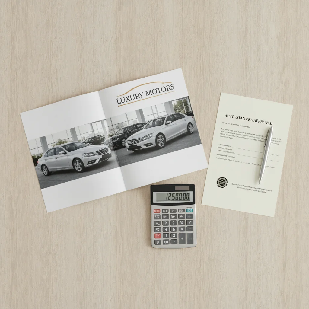 Flat lay of a car dealership brochure, preapproval letter, pen, and calculator on a wooden desk