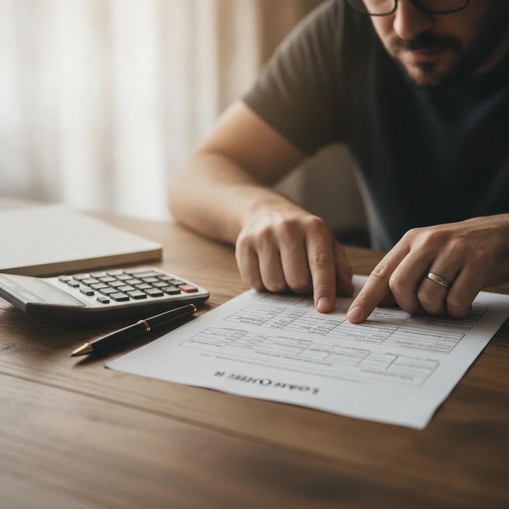 Person comparing two auto loan offer documents side by side on a desk with a calculator