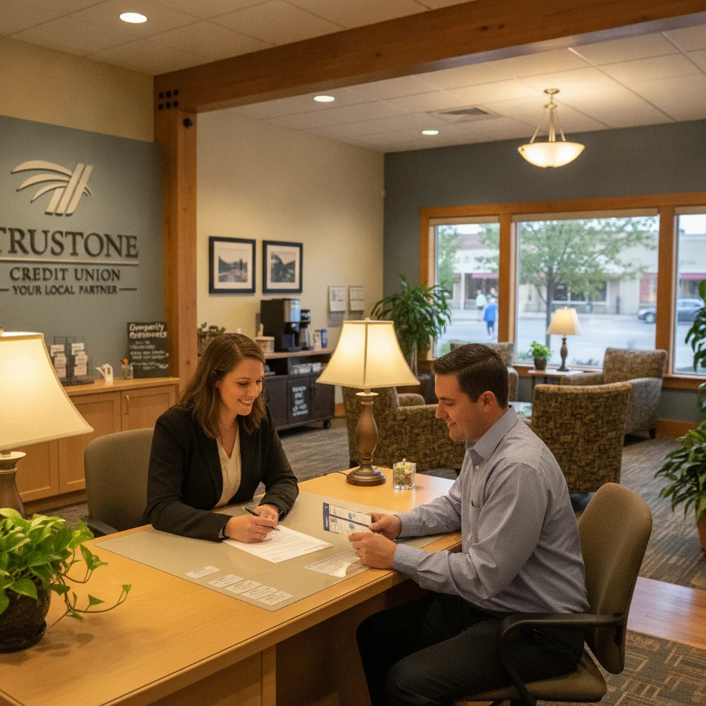 Credit union loan officer discussing auto loan options with a member across a desk