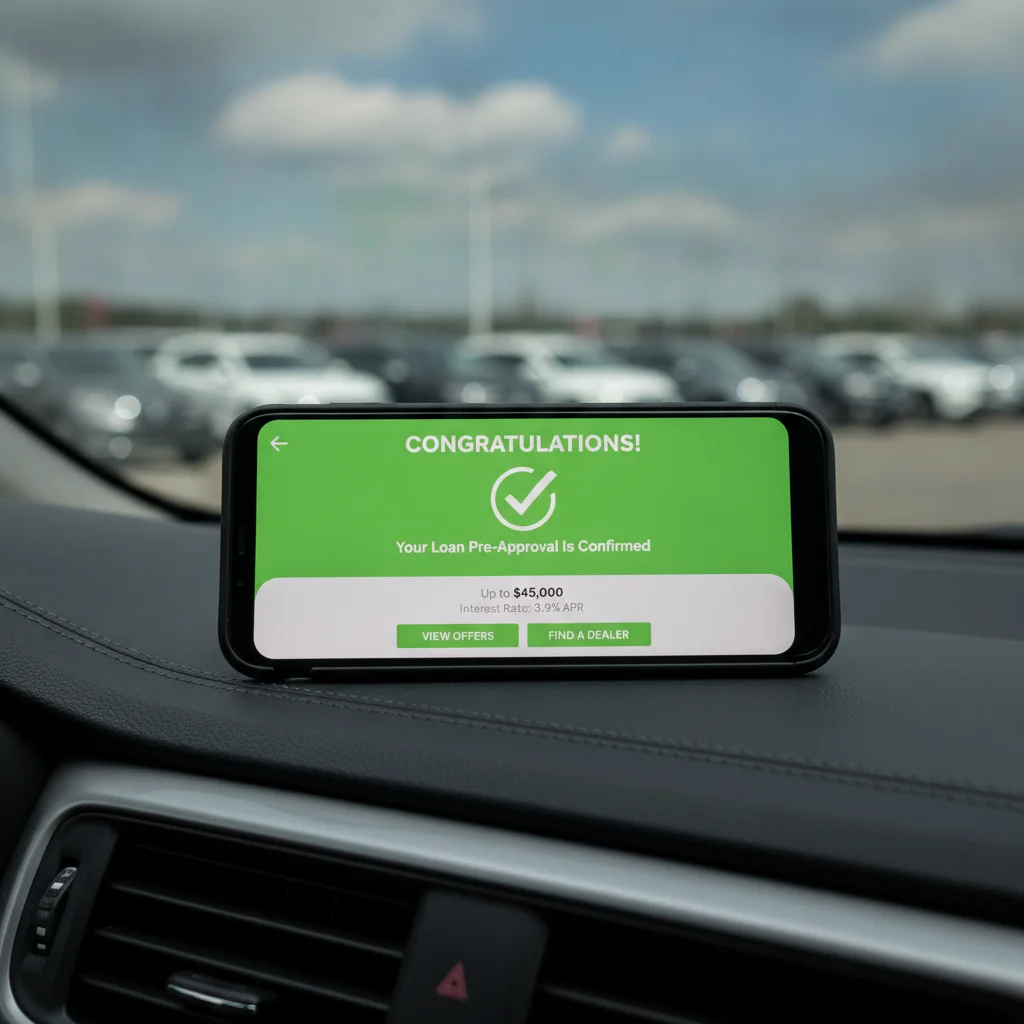 Smartphone showing auto loan preapproval confirmation on screen inside a car at a dealership