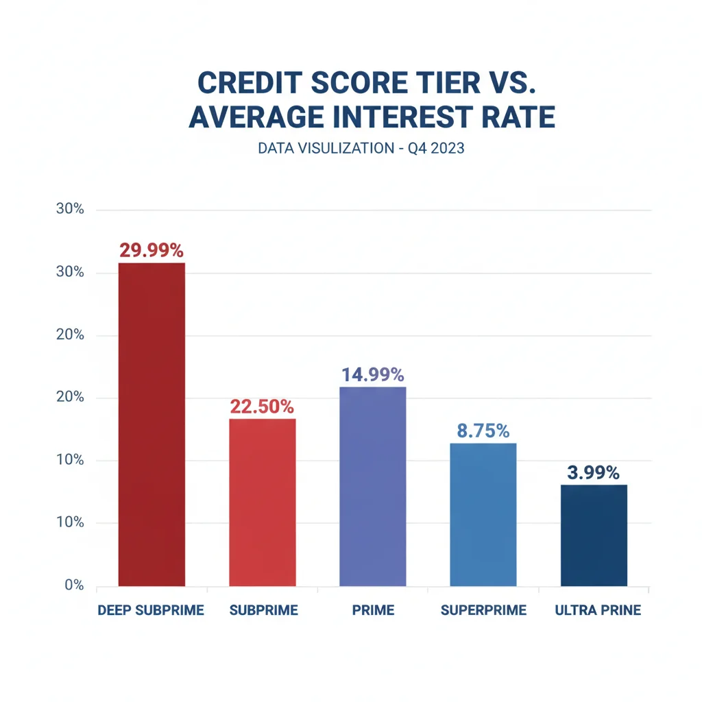 Bar chart showing auto loan APR ranges across five credit score tiers from deep subprime to superprime