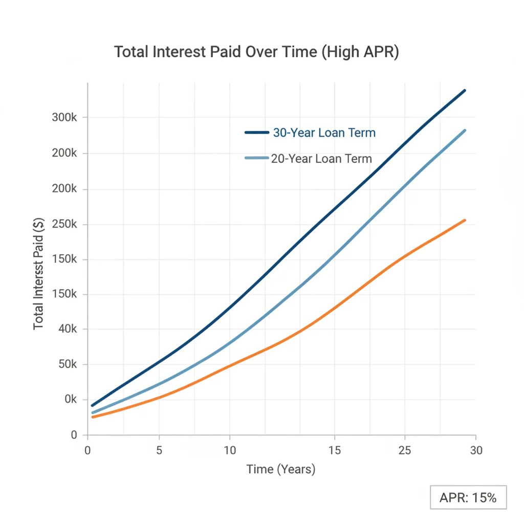 Line graph illustrating how extending loan term length increases total interest paid at high APRs