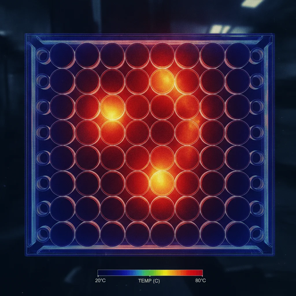 Infrared thermal image showing heat distribution across an electric vehicle battery pack with hot spots