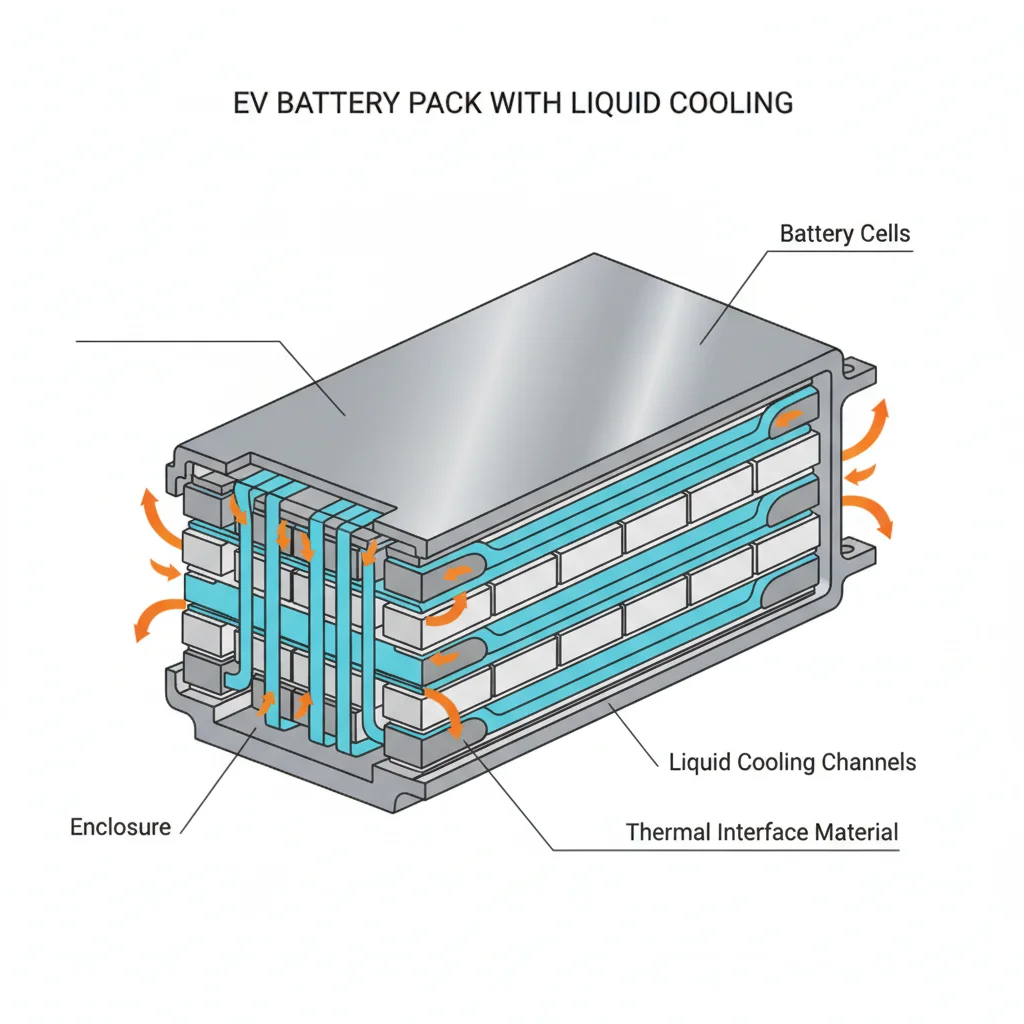 Cross-section diagram of an EV battery pack showing liquid cooling channels and heat flow arrows