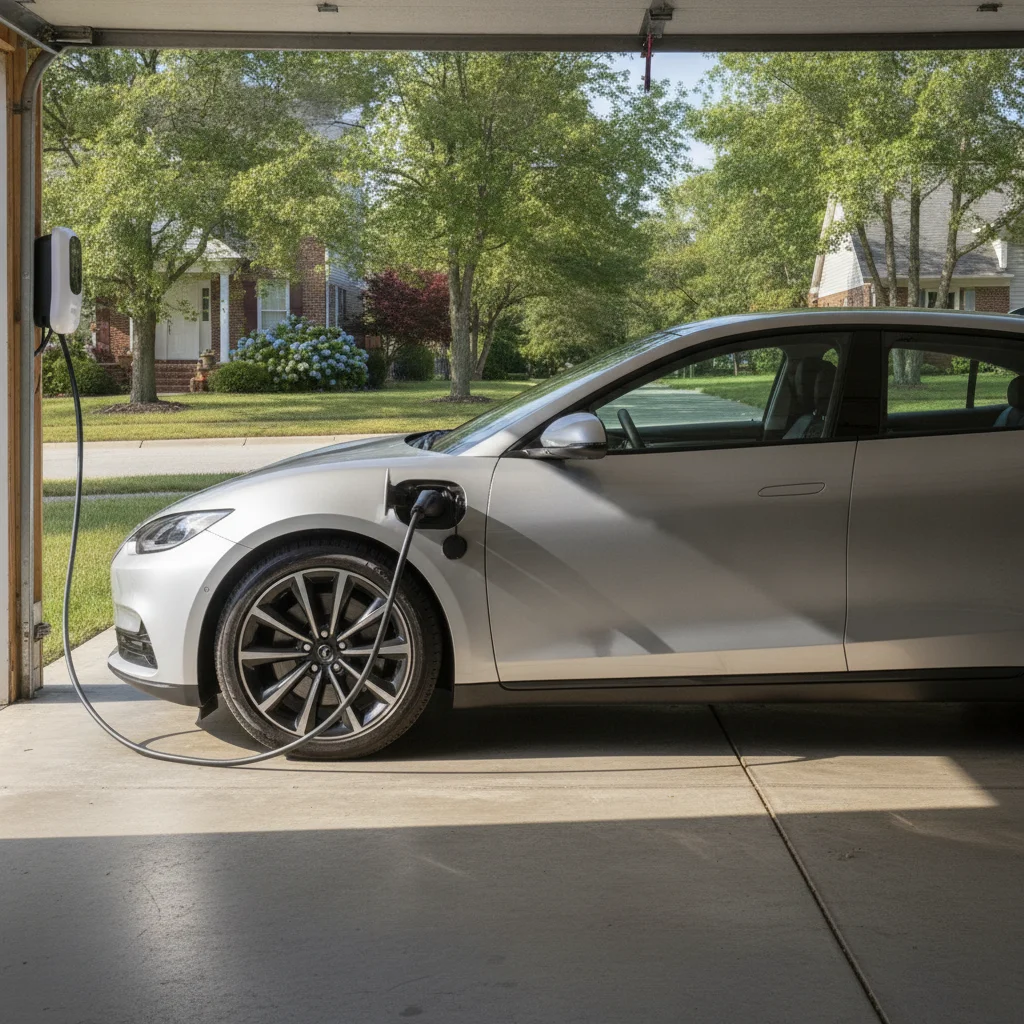 Electric vehicle charging in a shaded home garage on a warm summer morning